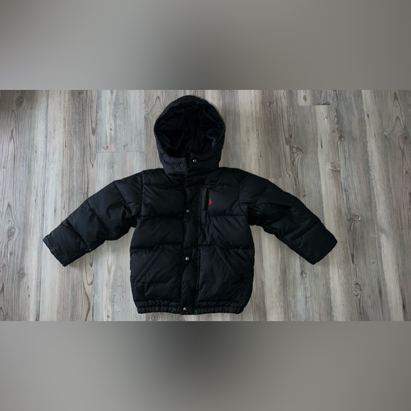 Polo Ralph Lauren Boys Down Hooded Jacket Puffer Coat Black Bubble Size 5
